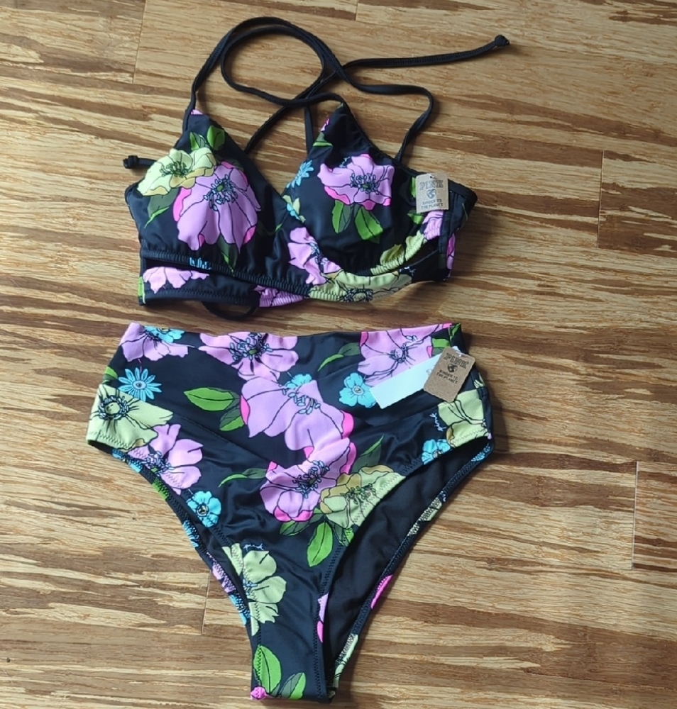PINK Victoria's Secret Black and Pink Bikini Set High-Waisted. Double-lined.